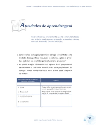 Unidade 1 – Definição de conceitos básicos referentes ao projeto e sua contextualização na gestão municipal
31Módulo Específico em Gestão Pública Municipal
Atividades de aprendizagem
Para verificar seu entendimento quanto à intersetorialidade
nos projetos locais, procure responder as questões a seguir.
Em caso de dúvida, consulte seu tutor.
1. Considerando a situação-problema do córrego apresentado nesta
Unidade, do seu ponto de vista, quais secretarias, órgãos da prefei-
tura poderiam ser envolvidos para solucionar o problema?
2. No quadro a seguir foram elencadas algumas áreas que poderiam
ser chamadas a contribuir na solução da situação-problema do
córrego. Vamos exemplificar duas áreas e você pode completar
as demais:
ÁREAS ENVOLVIDAS NA SOLUÇÃO DO
PROBLEMA DO CÓRREGO
a) Saúde
b) Defesa civil
c) Assistência social
d) Saneamento
POR QUÊ?
Porque o lixo ou animais que tiveram contato
com a água podem causar doenças.
Porque pode haver pessoas desabrigadas em
função da chuva e sem lugar para onde ir.
 
