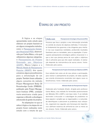 Unidade 1 – Definição de conceitos básicos referentes ao projeto e sua contextualização na gestão municipal
51Módulo Específico em Gestão Pública Municipal
ETAPAS DE UM PROJETO
A lógica e as etapas
apresentadas neste estudo para
elaborar um projeto baseiam-se
em alguns consagrados métodos,
como o Planejamento Estraté-
gico Situacional (PES), desenvol-
vido por Carlos Matus, e do qual
utilizaremos algumas categorias;
o Planejamento de Projeto
Orientado por Objetivos
(ZOPP), Marco Lógico e o
Método Altadir de Planejamento
Popular (MAPP) dos quais
extraimos alguns procedimentos
para a estruturação de um
projeto. Também foram utilizados
alguns conceitos do método
Project Management Body Of
Knowlewdge Guide (PMBOK),
publicado pelo Project Manage-
ment Institute (PMI), entidade
norte-americana criada para
organizar e difundir a abordagem
estruturada da gestão de projetos.
As adaptações no que se
refere à lógica e às etapas de um
projeto foram realizadas neste
estudo com o intuito de que
Planejamento Estratégico Situacional (PES)
Processo que leva o projeto a uma intervenção orientada
no sentido do alcance de objetivos definidos. É instrumen-
to fundamental dos governos e dos dirigentes para interfe-
rir nas suas respectivas realidades, produzindo resultados
favoráveis para as sociedades, para as populações. O pres-
suposto planejamento estratégico público situacional é: o
que o ator que planeja pensa de suas ações e objetivos
não é suficiente para que eles sejam realizados. A realiza-
ção depende da interveniência de outros atores. Fonte:
Elaborado pela autora.
Planejamento de Projeto Orientado por Objetivos (ZOPP)
Esse método tem como um de seus pilares a participação,
para realizar o planejamento do projeto, de todos aqueles
que estarão diretamente envolvidos (em alguns casos os
beneficiários). Fonte: Elaborado pela autora.
Método Altadir de Planejamento Popular
Elaborado pela Fundação Altadir, dirigida pelo professor
Carlos Matus, esse método foi formulado posteriormente
aos Métodos PES e ZOPP e com base neles. É um método
destinado à discussão e à abordagem de problemas na
base popular e propõe que as organizações e a comunida-
de identifiquem e selecionem os problemas mais relevan-
tes, organizem-nos segundo uma hierarquia de importân-
cia e definam maneiras de enfrentá-los com os meios ao
seu alcance. Fonte: Elaborado pela autora.
Saiba mais
 