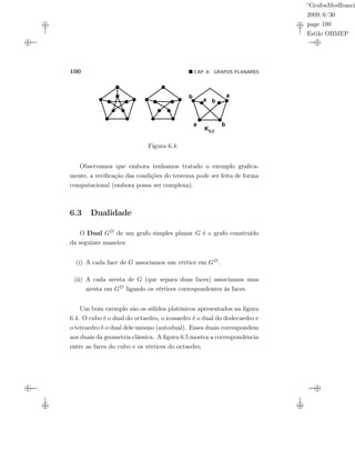 “GrafosModfranci
2009/6/30
page 100
Estilo OBMEP
100 CAP. 6: GRAFOS PLANARES
a
a
a
b
b
b
K3,3
Figura 6.4:
Observamos que embora tenhamos tratado o exemplo graﬁca-
mente, a veriﬁcação das condições do teorema pode ser feita de forma
computacional (embora possa ser complexa).
6.3 Dualidade
O Dual GD de um grafo simples planar G é o grafo construído
da seguinte maneira:
(i) A cada face de G associamos um vértice em GD.
(ii) A cada aresta de G (que separa duas faces) associamos uma
aresta em GD ligando os vértices correspondentes às faces.
Um bom exemplo são os sólidos platônicos apresentados na ﬁgura
6.4. O cubo é o dual do octaedro, o icosaedro é o dual do dodecaedro e
o tetraedro é o dual dele mesmo (autodual). Esses duais correspondem
aos duais da geometria clássica. A ﬁgura 6.5 mostra a correspondência
entre as faces do cubo e os vértices do octaedro.
 
