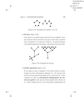 “GrafosModfranci
2009/6/30
page 21
Estilo OBMEP
SEC. 1.7: TIPOS ESPECIAIS DE GRAFOS 21
Figura 1.19: Exemplos de caminho: P4 e P5
• Árvores (ﬁgura 1.20)
Uma árvore é um grafo conexo sem ciclos como subgrafos. Note
que o fato de não ter ciclos faz com que a árvore seja a maneira
mais “econômica” de conectar os vértices. As árvores formam
uma família importante de grafos e voltaremos a elas mais tarde.
Figura 1.20: Exemplos de árvores
• Grafos bipartidos (ﬁgura 1.21)
É um grafo em que o conjunto V de vértices pode ser parti-
cionado em dois subconjuntos disjuntos V1 e V2 tal que toda
aresta de G tem uma extremidade em V1 e outra em V2. O sub-
conjunto V1 é dito um subconjunto independente de vér-
tices do grafo G pois não há arestas ligando dois vértices de
V1. Temos também que V2 é um subconjunto independente de
 