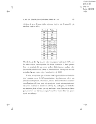 “GrafosModfranci
2009/6/30
page 61
Estilo OBMEP
SEC. 3.6: O PROBLEMA DO CAIXEIRO VIAJANTE – PCV 61
vértices de grau 3 (num ciclo, todos os vértices são de grau 2). As
escolhas recaem sobre:
Aresta Valor
DE 78
CF 210
CG 240
GA 258
AC Bifurcação
FG Bifurcação
AF Fecha ciclo
CD Bifurcação
CE Bifurcação
DF 390
BE 890
AB 404
O ciclo é a-c-d-e-f-g-b-a e o valor conseguido também é 2 470. Isso
foi coincidência, como veremos em outros exemplos. A ideia parecia
boa e o resultado foi um pouco melhor. Entretanto, o melhor valor
encontrado, examinando todas as possibilidades, corresponde ao ciclo
a-c-d-e-f-g-b-a com o valor, bem inferior, de 2 092.
É claro, se tivermos que examinar o PCV para 20 cidades teríamos
que examinar cerca de 20! permutações e já vimos que este é um
número muito grande. Pior ainda, não foi descoberto até o momento
um algoritmo eﬁciente para este problema (como no caso euleriano,
em que o teorema de Euler nos salvou). E, ainda pior, os cientistas
da computação acreditam que ele pertença a uma classe de problema
para os quais não há uma solução “elegante”. Vamos falar um pouco
sobre isto adiante.
 