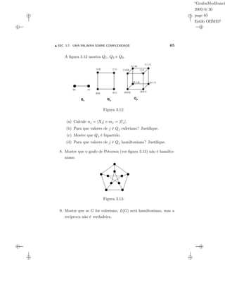 “GrafosModfranci
2009/6/30
page 65
Estilo OBMEP
SEC. 3.7: UMA PALAVRA SOBRE COMPLEXIDADE 65
A ﬁgura 3.12 mostra Q1, Q2 e Q3.
(0) (1)
(0,0)
(1,0) (1,1)
(0,1) (0,0,0) (0,0,1)
(1,0,0)
(1,1,0)
(0,1,1)
(1,1,1)
(0,1,0)
(1,0
,1)
Q1
Q2
Q3
Figura 3.12:
(a) Calcule nj = |Xj| e mj = |Uj|.
(b) Para que valores de j é Qj euleriano? Justiﬁque.
(c) Mostre que Qj é bipartido.
(d) Para que valores de j é Qj hamiltoniano? Justiﬁque.
8. Mostre que o grafo de Petersen (ver ﬁgura 3.13) não é hamilto-
niano.
Figura 3.13:
9. Mostre que se G for euleriano, L(G) será hamiltoniano, mas a
recíproca não é verdadeira.
 