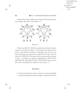 “GrafosModfranci
2009/6/30
page 80
Estilo OBMEP
80 CAP. 5: SUBCONJUNTOS ESPECIAIS DE UM GRAFO
Ligamos dois vértices sempre que as direções forem incompatíveis
(por exemplo AD e EB). Veja a ﬁgura 5.7.
Figura 5.7:
Observe que BA, DC e ED são compatíveis com todas as direções,
sendo por isso vértices isolados. Uma coloração dos vértices corres-
ponde a uma divisão em períodos. Poderíamos usar 13 cores, uma
para cada direção, mas isso seria um desperdício de tempo. Como os
vértices AC, BD, DA e EB formam um K4 precisamos de pelo menos
4 cores. A partição em conjuntos independentes {AB, AC, AD},
{BC, BD, EA}, {BA, EB, EC, ED}, {DA, DB, DC} mostra que de
fato 4 cores (4 períodos) são suﬁcientes, isto é, χ(G) = 4.
Exercícios
1. O dono de uma loja de animais comprou uma certa quantidade
de peixes ornamentais de diversas espécies. Alguns destes peixes
 