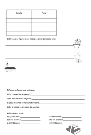 Singular                        Plural




2) Observe as figuras e crie frases no plural para cada uma:




3) Passe as frases para o singular:

a) Os ratinhos são espertos.______________________________________________________

b) As revistas estão rasgadas.____________________________________________________

c) Estas meninas compraram bombons._____________________________________________

d) Os professores precisam de canetas._____________________________________________


4) Escreva no plural:
a) o jornal velho ___________________              um jornal velho ___________________
b) a flor cheirosa ___________________             uma flor cheirosa __________________
c) o limão azedo ___________________                um limão azedo
 