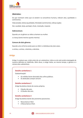 www.acasadoconcurseiro.com.br10
Abstratos:
Os que nomeiam entes que só existem na consciência humana, indicam atos, qualidades e
sentimentos.
Vida (estado), beleza (qualidade), felicidade (sentimento), esforço (ação).
Dor, saudade, beijo, pontapé, chute, resolução, resposta
Sobrecomuns
Quando um só gênero se refere a homem ou mulher.
a criança (tanto menino quanto menina)
Comuns de dois gêneros
Quando uma só forma existe para se referir a indivíduos dos dois sexos.
o artista, a artista, o dentista, a dentista.
Artigo
Artigo é a palavra que, vindo antes de um substantivo, indica se ele está sendo empregado de
maneira definida ou indefinida. Além disso, o artigo indica, ao mesmo tempo, o gênero e o
número dos substantivos.
Detalhe zambeliano 1
Substantivação!
•• Os milhões foram desviados dos cofres públicos.
•• Os dedicados sempre vencem.
Detalhe zambeliano 2
Artigo facultativo diante de nomes próprios.
•• Cláudia não veio.
•• A Cláudia não veio.
Detalhe zambeliano 3
Artigo facultativo diante dos pronomes possessivos.
•• Nossa banca é fácil.
•• A Nossa banca é fácil.
 