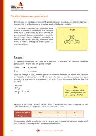 www.acasadoconcurseiro.com.br158
Grandeza inversamente proporcional
Entendemos por grandezas inversamente proporcionais as situações onde ocorrem operações
inversas, isto é, se dobramos uma grandeza, a outra é reduzida à metade.
São grandezas que quando uma aumenta a outra
diminui e vice-versa. Percebemos que variando
uma delas, a outra varia na razão inversa da
primeira. Isto é, duas grandezas são inversamente
proporcionais quando, dobrando uma delas, a
outra se reduz pela metade; triplicando uma
delas, a outra se reduz para a terça parte... E
assim por diante.
Dica!!
Dias
Op. H/d
inv
Exemplo:
12 operários constroem uma casa em 6 semanas. 8 operários, nas mesmas condições,
construiriam a mesma casa em quanto tempo?
12 op.	 	 6 semanas
8 op.	 	 x semanas
Antes de começar a fazer, devemos pensar: se diminuiu o número de funcionários, será que
a velocidade da obra vai aumentar? É claro que não, e se um lado diminui enquanto o outro
aumentou, é inversamente proporcional e, portanto, devemos multiplicar lado por lado (em
paralelo).
8.x = 12.6
8x = 72
x =
72
88
 à x = 9
Dica
Quando a regra de três é
inversa, multiplicamos lado
por lado, regra da LALA.
Exemplo: A velocidade constante de um carro e o tempo que esse carro gasta para dar uma
volta completa em uma pista estão indicados na tabela a seguir:
Velocidade (km/h) 120 60 40
Tempo (min) 1 2 3
Observando a tabela, percebemos que se trata de uma grandeza inversamente proporcional,
pois, à medida que uma grandeza aumenta a outra diminui.
 