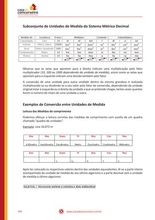 www.acasadoconcurseiro.com.br194
Subconjunto de Unidades de Medida do Sistema Métrico Decimal
Observe que as setas que apontam para a direita indicam uma multiplicação pelo fator
multiplicador (10, 100 ou 1000 dependendo da unidade de medida), assim como as setas que
apontam para a esquerda indicam uma divisão também pelo fator.
A conversão de uma unidade para outra unidade dentro da mesma grandeza é realizada
multiplicando-se ou dividindo-se o seu valor pelo fator de conversão, dependendo da unidade
original estar à esquerda ou à direita da unidade a que se pretende chegar, tantas vezes quantos
forem o número de níveis de uma unidade a outra.
Exemplos de Conversão entre Unidades de Medida
Leitura das Medidas de comprimento
Podemos efetuar a leitura corretas das medidas de comprimento com auxilio de um quadro
chamado “quadro de unidades”.
Exemplo: Leia 16,072 m
Após ter colocado os respectivos valores dentro das unidades equivalentes, lê-se a parte inteira
acompanhada da unidade de medida do seu último algarismo e a parte decimal com a unidade
de medida o último algarismo.
 