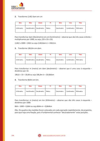 www.acasadoconcurseiro.com.br196
2.	 Transforme 2,462 dam em cm
Para transformar dam (Decâmetro) em cm (Centímetro) – observe que são três casas à direita –
multiplicamos por 1000, ou seja, (10 x 10 x 10).
2,462 x 1000 = 2462 ou seja 2,462dam é = 2462cm
3.	 Transforme 186,8m em dam.
Para transformar m (metro) em dam (decâmetro) – observe que é uma casa à esquerda –
dividimos por 10.
186,8 ÷ 10 = 18,68 ou seja 186,8m é = 18,68dam
4.	 Transforme 864m em km.
Para transformar m (metro) em km (Kilômetro) – observe que são três casas à esquerda –
dividimos por 1000.
864 ÷ 1000 = 0,864 ou seja 864m é = 0,864km
Obs. Os quadros das medidas foram colocados em cada operação repetidamente, de propósito,
para que haja uma fixação, pois é fundamental conhecer “decoradamente” estas posições.
 