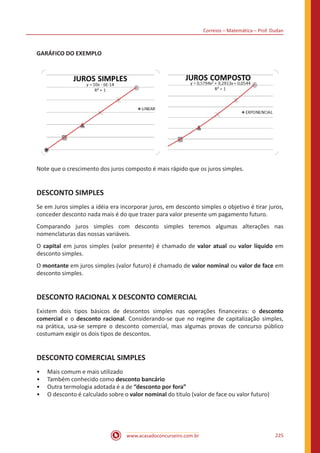 Correios – Matemática – Prof. Dudan
www.acasadoconcurseiro.com.br 225
GARÁFICO DO EXEMPLO
Note que o crescimento dos juros composto é mais rápido que os juros simples.
DESCONTO SIMPLES
Se em Juros simples a idéia era incorporar juros, em desconto simples o objetivo é tirar juros,
conceder desconto nada mais é do que trazer para valor presente um pagamento futuro.
Comparando juros simples com desconto simples teremos algumas alterações nas
nomenclaturas das nossas variáveis.
O capital em juros simples (valor presente) é chamado de valor atual ou valor líquido em
desconto simples.
O montante em juros simples (valor futuro) é chamado de valor nominal ou valor de face em
desconto simples.
DESCONTO RACIONAL X DESCONTO COMERCIAL
Existem dois tipos básicos de descontos simples nas operações financeiras: o desconto
comercial e o desconto racional. Considerando-se que no regime de capitalização simples,
na prática, usa-se sempre o desconto comercial, mas algumas provas de concurso público
costumam exigir os dois tipos de descontos.
DESCONTO COMERCIAL SIMPLES
•• Mais comum e mais utilizado
•• Também conhecido como desconto bancário
•• Outra termologia adotada é a de “desconto por fora”
•• O desconto é calculado sobre o valor nominal do titulo (valor de face ou valor futuro)
 