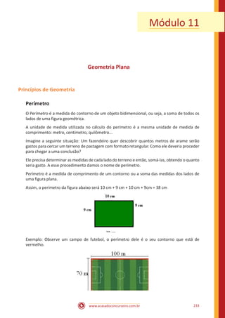 www.acasadoconcurseiro.com.br 233
Módulo 11
Geometria Plana
Princípios de Geometria
Perímetro
O Perímetro é a medida do contorno de um objeto bidimensional, ou seja, a soma de todos os
lados de uma figura geométrica.
A unidade de medida utilizada no cálculo do perímetro é a mesma unidade de medida de
comprimento: metro, centímetro, quilômetro...
Imagine a seguinte situação: Um fazendeiro quer descobrir quantos metros de arame serão
gastos para cercar um terreno de pastagem com formato retangular. Como ele deveria proceder
para chegar a uma conclusão?
Ele precisa determinar as medidas de cada lado do terreno e então, somá-las, obtendo o quanto
seria gasto. A esse procedimento damos o nome de perímetro.
Perímetro é a medida de comprimento de um contorno ou a soma das medidas dos lados de
uma figura plana.
Assim, o perímetro da figura abaixo será 10 cm + 9 cm + 10 cm + 9cm = 38 cm
Exemplo: Observe um campo de futebol, o perímetro dele é o seu contorno que está de
vermelho.
 