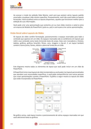 www.acasadoconcurseiro.com.br350
Ao acessar o modo de exibição Slide Mestre, você verá que existem vários layouts padrão
associados a qualquer slide mestre específico. Provavelmente, você não usará todos os layouts
fornecidos. Você escolherá entre os layouts disponíveis, aqueles que funcionam melhor para a
exibição de suas informações.
Você pode criar uma apresentação que contenha um ou mais slides mestres e salvá-la como
um arquivo de Modelo do PowerPoint (.potx ou .pot) e usá-la para criar outras apresentações.
Visão Geral sobre Layouts de Slides
Os layouts de slides contêm formatação, posicionamento e espaços reservados para todo o
conteúdo que aparece em um slide. Os espaços reservados são os contêineres em layouts que
retêm esse conteúdo como texto (incluindo texto do corpo, listas com marcadores e títulos),
tabelas, gráficos, gráficos SmartArt, filmes, sons, imagens e clip-art. E um layout também
contém o tema (cores, fontes, efeitos e plano de fundo) de um slide.
Este diagrama mostra todos os elementos de layout que você pode incluir em um slide do
PowerPoint.
OPowerPointincluinovelayoutsdeslideincorporadosouvocêpodecriarlayoutspersonalizados
que atendam suas necessidades específicas, e você pode compartilhá-los com outras pessoas
que criam apresentações usando o PowerPoint. O gráfico a seguir mostra os layouts de slides
que estão incorporados no PowerPoint.
No gráfico acima, cada layout mostra o posicionamento de vários espaços reservados em que
você adicionará texto ou gráficos
 