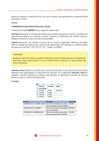 Correios – Informática – Prof. Márcio Hunecke
www.acasadoconcurseiro.com.br 387
apenas os valores no intervalo C2:C5, em que as células correspondentes no intervalo B2:B5
equivalem a John.
Sintaxe
=SOMASE(intervalo;critérios;[intervalo_soma])
A sintaxe da função SOMASE tem os seguintes argumentos:
intervalo Necessário. O intervalo de células que se deseja calcular por critérios. As células em
cada intervalo devem ser números e nomes, matrizes ou referências que contêm números.
Espaços em branco e valores de texto são ignorados.
critérios Necessário. Os critérios na forma de um número, expressão, referência de célula,
texto ou função que define quais células serão adicionadas. Por exemplo, os critérios podem
ser expressos como 32, 32, B5, 32, 32, maçãs ou HOJE().
Importante
Qualquer critério de texto ou qualquer critério que inclua símbolos lógicos ou matemáticos
deve estar entre aspas duplas (). Se os critérios forem numéricos, as aspas duplas não
serão necessárias.
intervalo_soma Opcional. As células reais a serem adicionadas, se você quiser adicionar células
diferentes das especificadas no argumento de intervalo. Se o argumento intervalo_soma for
omitido, a planilha adicionará as células especificadas no argumento intervalo (as mesmas
células às quais os critérios são aplicados).
Exemplos:
 