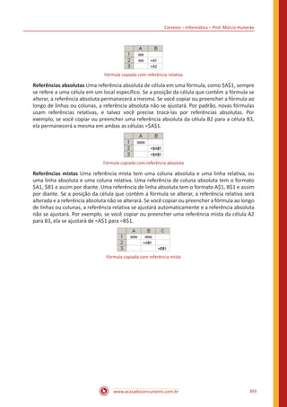 Correios – Informática – Prof. Márcio Hunecke
www.acasadoconcurseiro.com.br 393
Fórmula copiada com referência relativa
Referências absolutas Uma referência absoluta de célula em uma fórmula, como $A$1, sempre
se refere a uma célula em um local específico. Se a posição da célula que contém a fórmula se
alterar, a referência absoluta permanecerá a mesma. Se você copiar ou preencher a fórmula ao
longo de linhas ou colunas, a referência absoluta não se ajustará. Por padrão, novas fórmulas
usam referências relativas, e talvez você precise trocá-las por referências absolutas. Por
exemplo, se você copiar ou preencher uma referência absoluta da célula B2 para a célula B3,
ela permanecerá a mesma em ambas as células =$A$1.
Fórmula copiada com referência absoluta
Referências mistas Uma referência mista tem uma coluna absoluta e uma linha relativa, ou
uma linha absoluta e uma coluna relativa. Uma referência de coluna absoluta tem o formato
$A1, $B1 e assim por diante. Uma referência de linha absoluta tem o formato A$1, B$1 e assim
por diante. Se a posição da célula que contém a fórmula se alterar, a referência relativa será
alterada e a referência absoluta não se alterará. Se você copiar ou preencher a fórmula ao longo
de linhas ou colunas, a referência relativa se ajustará automaticamente e a referência absoluta
não se ajustará. Por exemplo, se você copiar ou preencher uma referência mista da célula A2
para B3, ela se ajustará de =A$1 para =B$1.
Fórmula copiada com referência mista
 