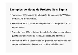 Exemplos de Metas de Projetos Seis Sigma
 Reduzir em 20% o custo de fabricação do componente WWX do
produto XYZ até dd/mm/aa.
 Reduzir em 60% o scrap do componente TVZ do produto XYW
até dd/mm/aa.até dd/mm/aa.
 Aumentar em 50% o índice de satisfação dos consumidores
quanto ao atendimento da Rede Autorizada, até dd/mm/aa.
 Reduzir em 50% o volume total de produtos não faturados por
incapacidade de atendimento aos pedidos, até dd/mm/aa.
 