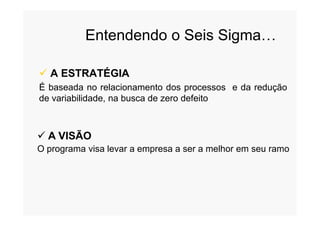 Entendendo o Seis Sigma…
 A ESTRATÉGIA
É baseada no relacionamento dos processos e da redução
de variabilidade, na busca de zero defeito
 A VISÃO
O programa visa levar a empresa a ser a melhor em seu ramo
 