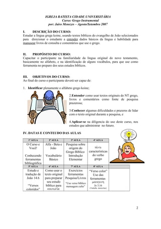 IGREJA BATISTA CIDADE UNIVERSITÁRIA
Curso: Grego Instrumental
por: Jairo Menezes – Agosto/Setembro 2007
I. DESCRIÇÃO DO CURSO:
Estudar a língua grega koine, usando textos bíblicos do evangelho de João selecionados
para direcionar o estudante a entender dados básicos da língua e habilidade para
manusear livros de consulta e comentários que use o grego.
II. PROPÓSITO DO CURSO:
Capacitar o participante na familiaridade da língua original do novo testamento,
basicamente no alfabeto, e na identificação de alguns vocábulos, para que use como
ferramenta no preparo dos seus estudos bíblicos.
III. OBJETIVOS DO CURSO:
Ao final do curso o participante deverá ser capaz de:
1. Identificar plenamente o alfabeto grego koine;
2.Entender como usar textos originais do NT grego,
livros e comentários como fonte de pesquisa
prazerosa;
3.Conhecer algumas dificuldades e prazeres de lidar
com o texto original durante a pesquisa, e
4.Aplicar-se na diligencia do uso deste curso, nos
estudos que administrar no futuro.
IV. DATAS E CONTEUDO DAS AULAS
2
1ª AULA 2ª AULA 3ª AULA 4ª AULA
O Curso e
Você!
Conhecendo
ferramentas
bibliográfica
Alfa - Beta e
João
Vocabulário
Básico
Pesquisa sobre
origem do
Grego Bíblico
Introdução
Elementar
pe,nte
características
do verbo
grego
5ª AULA 6ª AULA 7ª AULA 8ª AULA
Estudo e
tradução de
João 14.6
“Versos
coloridos”
Como usar o
texto original
para preparar
seu estudo
bíblico para
koinwni,a
Exercícios
ferramentas
Pesquisa/Livros
“Use verso bíblico
mensagem culto”
“Verso color”
Uso das
ferramentas
monogenh
Jo 3.16
(Trabalho domiciliar)
 