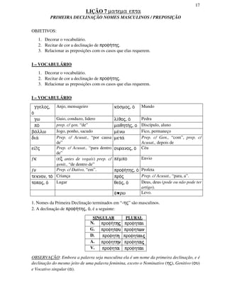17
LIÇÃO 7 matema epta
PRIMEIRA DECLINAÇÃO NOMES MASCULINOS / PREPOSIÇÃO
OBJETIVOS:
1. Decorar o vocabulário.
2. Recitar de cor a declinação de profh/thj.
3. Relacionar as preposições com os casos que elas requerem.
I – VOCABULÁRIO
1. Decorar o vocabulário.
2. Recitar de cor a declinação de profh/thj.
3. Relacionar as preposições com os casos que elas requerem.
I – VOCABULÁRIO
ggeloj,
o/
Anjo, mensageiro ko/smoj, o/ Mundo
gw Guio, conduzo, lidero li/qoj, o/ Pedra
po/ prep. c/ gen. “de” maqhth/j, o Discípulo, aluno
ba/llw Jogo, ponho, sacudo me/nw Fico, permaneço
dia/ Prep. c/ Acusat., “por causa
de”
meta/ Prep. c/ Gen., “com”, prep. c/
Acusat., depois de
e∅j Prep. c/ Acusat., “para dentro
de”
ouranoj, o/ Céu
ƒk (ec antes de vogais) prep. c/
genit., “de dentro de”
pe/mpo Envio
ƒn Prep. c/ Dativo, “em”. profh/thj, o/ Profeta
teknon, to/ Criança pro/j Prep. c/ Acusat., “para, a”.
topoj, o/ Lugar qeo/j, o/ Deus, deus (pode ou não pode ter
artigo).
f♥rw Levo.
1. Nomes da Primeira Declinação terminados em “-hj” são masculinos.
2. A declinação de profh/thj, o/, é a seguinte:
SINGULAR PLURAL
N. profh/thjhjhjhj profhtaiaiaiai
G. profhtouououou profhtwnwnwnwn
D. profhthhhh profhtaijaijaijaij
A. profhthnhnhnhn profhtajajajaj
V. profhtaaaa profhtaiaiaiai
OBSERVAÇÃO: Embora a palavra seja masculina ela é um nome da primeira declinação, e é
declinação do mesmo jeito de uma palavra feminina, exceto o Nominativo (hj), Genitivo (ou)
e Vocativo singular (a).
 