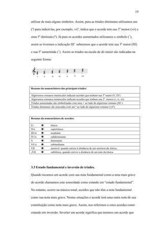 19
utilizar de mais alguns símbolos. Assim, para as tríades diminutas utilizamos um
(º) para indicá-las; por exemplo, viiº, indica que o acorde tem sua 3a
menor (vii) e
uma 5a
diminuta (º). Já para os acordes aumentados utilizamos o símbolo (+
),
assim se tivermos a indicação III+
saberemos que o acorde tem sua 3a
maior (III)
e sua 5a
aumentada (+
). Assim as tríades na escala de dó maior são indicadas na
seguinte forma:
Resumo da nomenclatura das principais tríades:
Algarismos romanos maiúsculos indicam acordes que tenham sua 3a
maior (V, IV).
Algarismos romanos minúsculos indicam acordes que tenham sua 3a
menor (v, iv, iii).
Tríades aumentadas são simbolizadas com uma + ao lado do algarismo romano (III+
).
Tríades diminutas são marcadas com um º ao lado do algarismo romano (viiº).
Resumo da nomenclatura de acordes:
I/i tônica
II/ii supertônica
III/iii mediante
IV/iv subdominante
V dominante
VI/vi submediante
VII sensível quando estiver à distância de um semitom da tônica.
VII subtônica, quando estiver a distância de um tom da tônica.
3.3 Estado fundamental e inversão de tríades.
Quando tocamos um acorde com sua nota fundamental como a nota mais grave
do acorde chamamos esta sonoridade como estando em “estado fundamental”.
No entanto, ocorre na música tonal, acordes que não têm a nota fundamental
como sua nota mais grave. Nestas situações o acorde terá uma outra nota de sua
constituição como nota mais grave. Assim, nos referimos a estes acordes como
estando em inversão. Inverter um acorde significa que teremos um acorde que
 