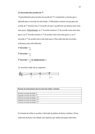 23
4.2 Inversões dos acordes de 7a
.
O procedimento para inverter um acorde de 7a
é exatamente o mesmo que o
aplicado para a inversão de uma tríade. A diferenção consiste em que para um
acorde de 7a
teremos uma 3a
inversão em que o acorde terá sua sétima como nota
mais grave. Relembrando: na 1a
inversão teremos a 3a
do acorde como nota mais
grave; na 2a
inversão teremos a 5a
do acorde como nota mais grave; e na 3a
inversão a 7a
do acorde será a nota mais grave. Para cada uma das inversões
utilizamos uma cifra diferente:
1a
inversão = 6
5
2a
inversão = 4
3
3a
inversão = 4 ou simplesmente 2
2
As inversões então são as seguintes:
Resumo da nomenclatura das inversões das tríades e tétrades:
Primeira inversão da tríade: I6
Segunda inversão da tríade: I6/4
Primeira inversão da tétrade: V6/5
Segunda inversão da tétrade: V4/3
Terceira inversão da tétrade: V4/2
O costume de cifrar os acordes é derivado da prática do baixo contínuo. Nesta,
cada nota do baixo era cifrada com números que indicavam quais intervalos
 