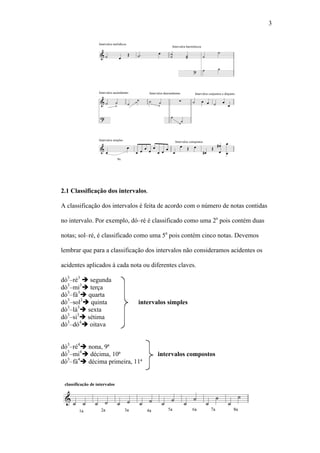 3
2.1 Classificação dos intervalos.
A classificação dos intervalos é feita de acordo com o número de notas contidas
no intervalo. Por exemplo, dó–ré é classificado como uma 2a
pois contém duas
notas; sol–ré, é classificado como uma 5a
pois contém cinco notas. Devemos
lembrar que para a classificação dos intervalos não consideramos acidentes os
acidentes aplicados à cada nota ou diferentes claves.
dó3
–ré3
segunda
dó3
–mi3
terça
dó3
–fá3
quarta
dó3
–sol3
quinta intervalos simples
dó3
–lá3
sexta
dó3
–si3
sétima
dó3
–dó4
oitava
dó3
–ré4
nona, 9ª
dó3
–mi4
décima, 10ª intervalos compostos
dó3
–fá4
décima primeira, 11ª
 