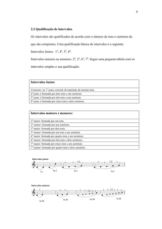 4
2.2 Qualificação de intervalos.
Os intervalos são qualificados de acordo com o número de tons e semitons de
que são compostos. Uma qualificação básica de intervalos é a seguinte:
Intervalos Justos: 1a
, 4a
, 5a
, 8a
.
Intervalos maiores ou menores: 2a
, 3a
, 6a
, 7a
. Segue uma pequena tabela com os
intervalos simples e sua qualificação:
Intervalos Justos
Uníssono: ou 1a
justa, consiste da repetição da mesma nota.
4a
justa: é formada por dois tons e um semitom.
5a
justa: é formada por três tons e um semitom.
8a
justa: é formada por cinco tons e dois semitons.
Intervalos maiores e menores:
2a
maior: formada por um tom.
2a
menor: formada por um semitom.
3a
maior: formada por dois tons.
3a
menor: formada por um tom e um semitom.
6a
maior: formada por quatro tons e um semitom.
6a
menor: formada por três tons e dois semitons.
7a
maior: formada por cinco tons e um semitom.
7a
menor: formada por quatro tons e dois semitons.
 