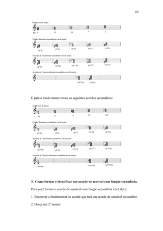 84
E para o modo menor temos os seguintes acordes secundários:
3. Como formar e identificar um acorde de sensível com função secundária.
Para você formar o acorde de sensível com função secundária você deve:
1. Encontrar a fundamental do acorde que terá um acorde de sensível secundário.
2. Desça um 2a
menor.
 