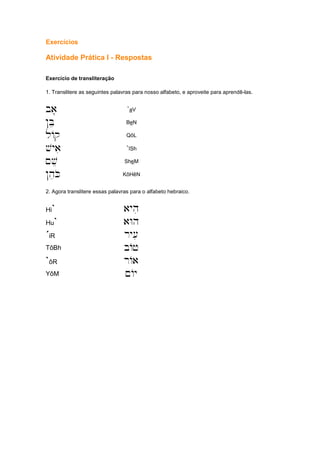 Exercícios
Atividade Prática I - Respostas
Exercício de transliteração
1. Translitere as seguintes palavras para nosso alfabeto, e aproveite para aprendê-las.
'ba' `aV
!Bee BeN
lAq QôL
'vyai `îSh
~ve SheM
!heKo KôHêN
2. Agora translitere essas palavras para o alfabeto hebraico.
Hi` ayhi
Hu` aWh
´iR ry[i
TôBh bAj
`ôR rAa
YôM ~Ay
 