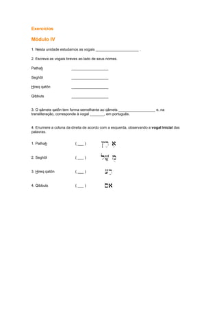 Exercícios
Módulo IV
1. Nesta unidade estudamos as vogais _____________________ .
2. Escreva as vogais breves ao lado de seus nomes.
Pathah __________________
Seghôl __________________
Hireq qatôn __________________
Qibbuts __________________
3. O qâmets qatôn tem forma semelhante ao qâmets __________________ e, na
transliteração, corresponde à vogal _______, em português.
4. Enumere a coluna da direita de acordo com a esquerda, observando a vogal inicial das
palavras.
1. Pathah ( ___ ) #r,, a,
2. Seghôl ( ___ ) lV; mu
3. Hireq qatôn ( ___ ) [r;
4. Qibbuts ( ___ ) ~a
 
