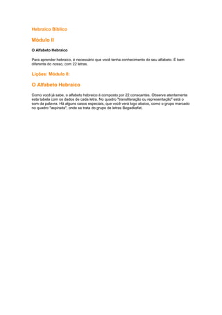 Hebraico Bíblico
Módulo II
O Alfabeto Hebraico
Para aprender hebraico, é necessário que você tenha conhecimento do seu alfabeto. É bem
diferente do nosso, com 22 letras.
Lições: Módulo II:
O Alfabeto Hebraico
Como você já sabe, o alfabeto hebraico é composto por 22 consoantes. Observe atentamente
esta tabela com os dados de cada letra. No quadro "transliteração ou representação" está o
som da palavra. Há alguns casos especiais, que você verá logo abaixo, como o grupo marcado
no quadro "aspirada", onde se trata do grupo de letras Begadkefat.
 