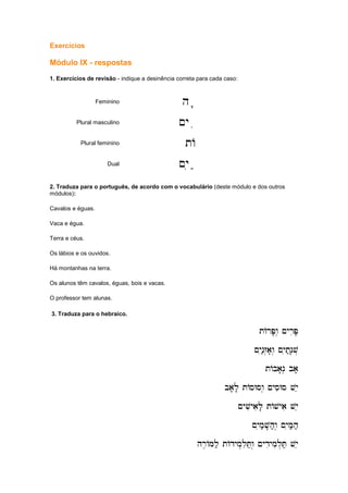 Exercícios
Módulo IX - respostas
1. Exercícios de revisão - indique a desinência correta para cada caso:
Feminino h
h
h
ha
a
a
a''''
Plural masculino ~y
~y
~y
~ya
a
a
aiiii
Plural feminino tA
tA
tA
tA
Dual ~yi
~yi
~yi
~yia
a
a
a;;;;
2. Traduza para o português, de acordo com o vocabulário (deste módulo e dos outros
módulos):
Cavalos e éguas.
Vaca e égua.
Terra e céus.
Os lábios e os ouvidos.
Há montanhas na terra.
Os alunos têm cavalos, éguas, bois e vacas.
O professor tem alunas.
3. Traduza para o hebraico.
tArP'w. ~yriP'
tArP'w. ~yriP'
tArP'w. ~yriP'
tArP'w. ~yriP'
~yin;z.a'w. ~yit;n'v.
~yin;z.a'w. ~yit;n'v.
~yin;z.a'w. ~yit;n'v.
~yin;z.a'w. ~yit;n'v.
tAba'n. ba'
tAba'n. ba'
tAba'n. ba'
tAba'n. ba'
ba'l' tAsWsw. ~ysiWs vye
ba'l' tAsWsw. ~ysiWs vye
ba'l' tAsWsw. ~ysiWs vye
ba'l' tAsWsw. ~ysiWs vye
~yviyail' tAvyai vye
~yviyail' tAvyai vye
~yviyail' tAvyai vye
~yviyail' tAvyai vye
~yim;v'h;w. ~yiM;h;
~yim;v'h;w. ~yiM;h;
~yim;v'h;w. ~yiM;h;
~yim;v'h;w. ~yiM;h;
hr,AMl; tAdym.liT;w. ~ydiymil.T; vye
hr,AMl; tAdym.liT;w. ~ydiymil.T; vye
hr,AMl; tAdym.liT;w. ~ydiymil.T; vye
hr,AMl; tAdym.liT;w. ~ydiymil.T; vye
 