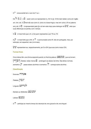 O y consonantal tem o som de Y ou i.
Os l, m, n e s soam como se representam (L, M, N, S). O M é bem labial, como em inglês
am, him, etc. O nfinal não soa como ã, como na nossa língua, mas sim como o N na palavra
ano, etc. O s é representado pelo S e só tem este traço para distinguir do fv, visto que
suas diferenças se perdeu com o tempo.
O c é mais forte que o S, e há quem represente-o por TS ou TZ.
O q é mais forte que o Kh. O r é pronunciado como R, não em português, mas, por
exemplo, em espanhol, rato (rrrrrrrrato).
fvrepresentam-se, respectivamente, por S e SH (que soa como nosso CH)
Formas finais
Cinco letras têm uma forma especial quando no final da palavra: cpnmk, que se tornam:
#@!~$. Destas, todas menos ~ prolongam-se abaixo da linha. Das letras normais,
somente o q passa abaixo da linha e somente o l começa acima da linha.
Classificação
Guturais: xh[a
Palatais: qkgy
Linguais: Jtdgl
Dentais ou Sibilantes: cfvsz
Labiais: pbmn
O r participa ao mesmo tempo da natureza de uma gutural e de uma lingual.
 
