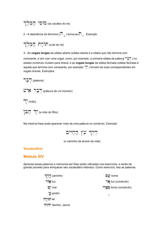 %l,M,h; yseWs(os cavalos do rei)
2 - A desinência do feminino (ha'''') torna-se ta;;;;. Exemplo:
%l,M,h; tr;AT(a lei do rei)
3 - As vogais longas da sílaba aberta (sílaba aberta é a sílaba que não termina com
consoante, e sim com uma vogal, como, por exemplo, a primeira sílaba da palavra ,rb'D'.) no
estado construto mudam para shevá; e as vogais longas da sílaba fechada (sílaba fechada é
aquela que termina com consoante, por exemplo: dy'.) tornam-se suas correspondentes em
vogais breves. Exemplos:
rb'D'(palavra)
vyai rb;D.(palavra de um homem)
dy'(mão)
!Beh; dy;(a mão do filho)
Na mesma frase pode aparecer mais de uma palavra no construto. Exemplo:
~yYix;h; #[e %r,D,
(o caminho da árvore da vida)
Vocabulário
Módulo XIV
Aprenda essas palavras e memorize-as! Elas serão utilizadas nos exercícios, e serão de
grande proveito para enriquecer seu vocabulário hebraico. Como exercício, leia as palavras.
%r,D,'
%r,D,'
%r,D,'
%r,D,' caminho ~ve;
~ve;
~ve;
~ve; nome
rAae.
rAae.
rAae.
rAae. luz ra"
ra"
ra"
ra" luz (construto)
~y'
~y'
~y'
~y' mar yrep.si
yrep.si
yrep.si
yrep.si livros (construto)
!G;
!G;
!G;
!G; jardim ;;;;
hr'Wt
hr'Wt
hr'Wt
hr'Wt lei
hwhy
hwhy
hwhy
hwhy Senhor, Jeová
 
