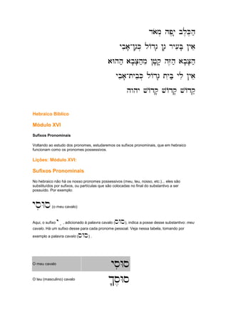 daom. hp,y' bl,K,h;
daom. hp,y' bl,K,h;
daom. hp,y' bl,K,h;
daom. hp,y' bl,K,h;
ybia'
ybia'
ybia'
ybia'-
-
-
-!g;K. lAdg' !g' ry[iB' !yae
!g;K. lAdg' !g' ry[iB' !yae
!g;K. lAdg' !g' ry[iB' !yae
!g;K. lAdg' !g' ry[iB' !yae
aWhh; ab'C'h;me !j'q' hZ
aWhh; ab'C'h;me !j'q' hZ
aWhh; ab'C'h;me !j'q' hZ
aWhh; ab'C'h;me !j'q' hZ,h; ab'C'h;
,h; ab'C'h;
,h; ab'C'h;
,h; ab'C'h;
ybia'
ybia'
ybia'
ybia'-
-
-
-tybeK. lAdG' tyiB; yli !yae
tybeK. lAdG' tyiB; yli !yae
tybeK. lAdG' tyiB; yli !yae
tybeK. lAdG' tyiB; yli !yae
hwhy vAdq' vAdq' vAdq
hwhy vAdq' vAdq' vAdq
hwhy vAdq' vAdq' vAdq
hwhy vAdq' vAdq' vAdq''''
Hebraico Bíblico
Módulo XVI
Sufixos Pronominais
Voltando ao estudo dos pronomes, estudaremos os sufixos pronominais, que em hebraico
funcionam como os pronomes possessivos.
Lições: Módulo XVI:
Sufixos Pronominais
No hebraico não há os nosso pronomes possessivos (meu, teu, nosso, etc.)... eles são
substituídos por sufixos, ou partículas que são colocadas no final do substantivo a ser
possuído. Por exemplo:
ysiWs(o meu cavalo)
Aqui, o sufixo ya
a
a
aiiii, adicionado à palavra cavalo (sWs), indica a posse desse substantivo: meu
cavalo. Há um sufixo desse para cada pronome pessoal. Veja nessa tabela, tomando por
exemplo a palavra cavalo (sWs) .
O meu cavalo
ysiWs
ysiWs
ysiWs
ysiWs
O teu (masculino) cavalo
$'s,Ws
$'s,Ws
$'s,Ws
$'s,Ws
 