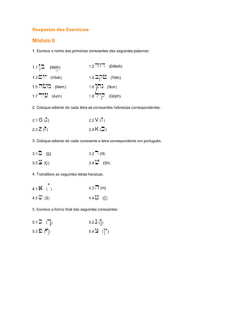 Respostas dos Exercícios
Módulo II
1. Escreva o nome das primeiras consoantes das seguintes palavras:
1.1 !B (Bêth), 1.2 dwD (Dâleth)
1.3 ~wy (Yôdh) 1.4 bqj (Têth)
1.5 hfm (Mem) 1.6 !tn (Nun)
1.7 ry[ (Ayin) 1.8 lyq (Qôph)
2. Coloque adiante de cada letra as consoantes hebraicas correspondentes.
2.1 G (g) 2.2 V (w)
2.3 Z (z) 2.4 K (k)
3. Coloque adiante de cada consoante a letra correspondente em português.
3.1 s (S) 3.2 r(R)
3.3 c (Ç) 3.4 v (Sh)
4. Translitere as seguintes letras heraicas.
4.1 a (`) 4.2 h(H)
4.3 f (S) 4.4 j (T)
5. Escreva a forma final das seguintes consoantes:
5.1 k ($) 5.2 n(!)
5.3 p (@) 5.4 c (#)
 