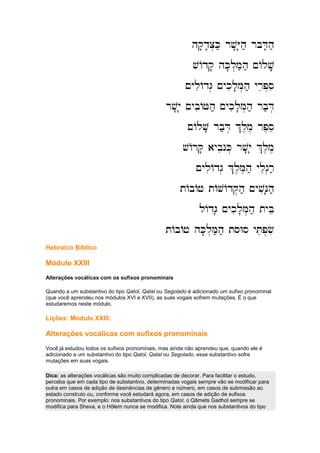 hq'd'C.K; rv'Y'h; rbD'h;
hq'd'C.K; rv'Y'h; rbD'h;
hq'd'C.K; rv'Y'h; rbD'h;
hq'd'C.K; rv'Y'h; rbD'h;
vAdq' hK'l.m;h; ~Alv';
vAdq' hK'l.m;h; ~Alv';
vAdq' hK'l.m;h; ~Alv';
vAdq' hK'l.m;h; ~Alv';
~yliAdG. ~ykil'M.h; yrep.si
~yliAdG. ~ykil'M.h; yrep.si
~yliAdG. ~ykil'M.h; yrep.si
~yliAdG. ~ykil'M.h; yrep.si
rv'y' ~ybiAJh; ~ykil'M.h; rb;D.
rv'y' ~ybiAJh; ~ykil'M.h; rb;D.
rv'y' ~ybiAJh; ~ykil'M.h; rb;D.
rv'y' ~ybiAJh; ~ykil'M.h; rb;D.
~Alv' rb;D. %l,m, rp,se
~Alv' rb;D. %l,m, rp,se
~Alv' rb;D. %l,m, rp,se
~Alv' rb;D. %l,m, rp,se
vArq' aybinK. rv'y' %l,m,
vArq' aybinK. rv'y' %l,m,
vArq' aybinK. rv'y' %l,m,
vArq' aybinK. rv'y' %l,m,
~yliAdg. %l,M,h; yleg.r;
~yliAdg. %l,M,h; yleg.r;
~yliAdg. %l,M,h; yleg.r;
~yliAdg. %l,M,h; yleg.r;
tAbAj tAvAdQ.h; ~yviN'h;
tAbAj tAvAdQ.h; ~yviN'h;
tAbAj tAvAdQ.h; ~yviN'h;
tAbAj tAvAdQ.h; ~yviN'h;
lAdG' ~ykil'M.h; tyBe
lAdG' ~ykil'M.h; tyBe
lAdG' ~ykil'M.h; tyBe
lAdG' ~ykil'M.h; tyBe
tAbAj hK'l.M;h; tSWs yTep.fi
tAbAj hK'l.M;h; tSWs yTep.fi
tAbAj hK'l.M;h; tSWs yTep.fi
tAbAj hK'l.M;h; tSWs yTep.fi
Hebraico Bíblico
Módulo XXIII
Alterações vocálicas com os sufixos pronominais
Quando a um substantivo do tipo Qatol, Qatal ou Segolado é adicionado um sufixo pronominal
(que você aprendeu nos módulos XVI e XVII), as suas vogais sofrem mutações. É o que
estudaremos neste módulo.
Lições: Módulo XXIII:
Alterações vocálicas com sufixos pronominais
Você já estudou todos os sufixos pronominais, mas ainda não aprendeu que, quando ele é
adicionado a um substantivo do tipo Qatol, Qatal ou Segolado, esse substantivo sofre
mutações em suas vogais.
Dica: as alterações vocálicas são muito complicadas de decorar. Para facilitar o estudo,
perceba que em cada tipo de substantivo, determinadas vogais sempre vão se modificar para
outra em casos de adição de desinências de gênero e número, em casos de submissão ao
estado construto ou, conforme você estudará agora, em casos de adição de sufixos
pronominais. Por exemplo: nos substantivos do tipo Qatol, o Qâmets Gadhol sempre se
modifica para Sheva, e o Hôlem nunca se modifica. Note ainda que nos substantivos do tipo
 