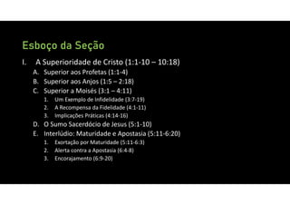 Esboço da Seção
I. A Superioridade de Cristo (1:1‐10 – 10:18)
A. Superior aos Profetas (1:1‐4)
B. Superior aos Anjos (1:5 – 2:18)
C. Superior a Moisés (3:1 – 4:11)
1. Um Exemplo de Infidelidade (3:7‐19)
2. A Recompensa da Fidelidade (4:1‐11)
3. Implicações Práticas (4:14‐16)
D. O Sumo Sacerdócio de Jesus (5:1‐10)
E. Interlúdio: Maturidade e Apostasia (5:11‐6:20)
1. Exortação por Maturidade (5:11‐6:3)
2. Alerta contra a Apostasia (6:4‐8)
3. Encorajamento (6:9‐20)
 