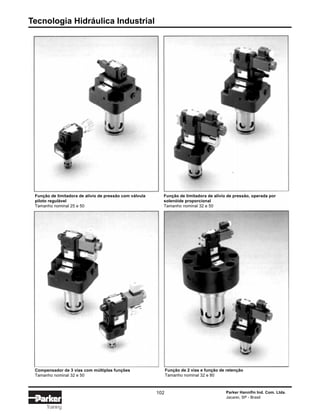 Tecnologia Hidráulica Industrial
102 Parker Hannifin Ind. Com. Ltda.
Jacareí, SP - Brasil
Training
Função de limitadora de alívio de pressão com válvula
piloto regulável
Tamanho nominal 25 e 50
Função de limitadora de alívio de pressão, operada por
solenóide proporcional
Tamanho nominal 32 e 50
Compensador de 3 vias com múltiplas funções
Tamanho nominal 32 e 50
Função de 2 vias e função de retenção
Tamanho nominal 32 e 80
 