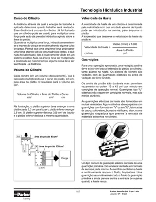 Tecnologia Hidráulica Industrial
Parker Hannifin Ind. Com. Ltda.
Jacareí, SP - Brasil
107
Training
Curso do Cilindro
A distância através da qual a energia de trabalho é
aplicada determina quanto trabalho será realizado.
Essa distância é o curso do cilindro. Já foi ilustrado
que um cilindro pode ser usado para multiplicar uma
força pela ação da pressão hidráulica agindo sobre a
área do pistão.
Quando se multiplica uma força, hidraulicamente tem-
se a impressão de que se está recebendo alguma coisa
de graça. Parece que uma pequena força pode gerar
uma força grande sob as circunstâncias certas, e que
nada foi sacrificado. Isto é relativamente válido em um
sistema estático. Mas, se a força deve ser multiplicada
e deslocada ao mesmo tempo, alguma coisa deve ser
sacrificada - a distância.
Volume do Cilindro
Cada cilindro tem um volume (deslocamento), que é
calculado multiplicando-se o curso do pistão, em cm,
pela área do pistão. O resultado dará o volume em
cm3
.
Volume do Cilindro = Área do Pistão x Curso
cm3
cm2
cm
Na ilustração, o pistão superior deve avançar a uma
distância de 5,0 cm para fazer o pistão inferior avançar
2,5 cm. O pistão superior desloca 325 cm3
de líquido
e o pistão inferior desloca a mesma quantidade.
Velocidade da Haste
A velocidade da haste de um cilindro é determinada
pela velocidade com que um dado volume de líquido
pode ser introduzido na camisa, para empurrar o
pistão.
A expressão que descreve a velocidade da haste do
pistão é:
Vazão (l/min) x 1.000
Velocidade da Haste =
Área do Pistão
cm/min cm2
Guarnições
Para uma operação apropriada, uma vedação positiva
deve existir em toda a extensão do pistão do cilindro,
tanto quanto na haste. Os pistões do cilindro são
vedados com as guarnições elásticas ou anéis de
vedação de ferro fundido.
Os anéis de pistão são duráveis mas permitem
vazamento na ordem 15 a 45 cm3
por minuto em
condições de operação normal. Guarnições tipo "U"
elásticas não vazam em condições normais, mas são
menos duráveis.
As guarnições elásticas da haste são fornecidas em
muitas variedades.Alguns cilindros são equipados com
guarnições com formato em "V" ou em "U", fabricadas
de couro, poliuretano, borracha nitrílica ou viton, e uma
guarnição raspadora que previne a entrada de
materiais estranhos no cilindro.
Um tipo comum de guarnição elástica consiste de uma
guarnição primária com a lateral dentada em formato
de serra na parte interna.As serrilhas contatam a haste
e continuamente raspam o fluido, limpando-a. Uma
guarnição secundária retém todo o fluido da guarnição
primária e ainda previne contra a entrada de sujeiras
quando a haste recua.
5cm área do pistão 65cm3
área do pistão 130cm3
2,5cm
Carga
 