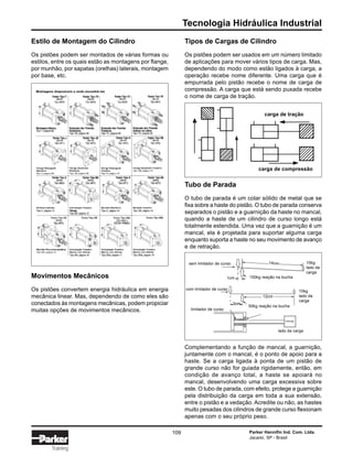 Tecnologia Hidráulica Industrial
Parker Hannifin Ind. Com. Ltda.
Jacareí, SP - Brasil
109
Training
Estilo de Montagem do Cilindro
Os pistões podem ser montados de várias formas ou
estilos, entre os quais estão as montagens por flange,
por munhão, por sapatas (orelhas) laterais, montagem
por base, etc.
Movimentos Mecânicos
Os pistões convertem energia hidráulica em energia
mecânica linear. Mas, dependendo de como eles são
conectados às montagens mecânicas, podem propiciar
muitas opções de movimentos mecânicos.
Tipos de Cargas de Cilindro
Os pistões podem ser usados em um número limitado
de aplicações para mover vários tipos de carga. Mas,
dependendo do modo como estão ligados à carga, a
operação recebe nome diferente. Uma carga que é
empurrada pelo pistão recebe o nome de carga de
compressão. A carga que está sendo puxada recebe
o nome de carga de tração.
Tubo de Parada
O tubo de parada é um colar sólido de metal que se
fixa sobre a haste do pistão. O tubo de parada conserva
separados o pistão e a guarnição da haste no mancal,
quando a haste de um cilindro de curso longo está
totalmente estendida. Uma vez que a guarnição é um
mancal, ela é projetada para suportar alguma carga
enquanto suporta a haste no seu movimento de avanço
e de retração.
Complementando a função de mancal, a guarnição,
juntamente com o mancal, é o ponto de apoio para a
haste. Se a carga ligada à ponta de um pistão de
grande curso não for guiada rigidamente, então, em
condição de avanço total, a haste se apoiará no
mancal, desenvolvendo uma carga excessiva sobre
este. O tubo de parada, com efeito, protege a guarnição
pela distribuição da carga em toda a sua extensão,
entre o pistão e a vedação. Acredite ou não, as hastes
muito pesadas dos cilindros de grande curso flexionam
apenas com o seu próprio peso.
carga de tração
carga de compressão
sem limitador de curso
com limitador de curso
limitador de curso
10kg
lado da
carga
10kg
lado da
carga
lado da carga
50kg reação na bucha
150kg reação na bucha1cm
3cm
12cm
14cm
 