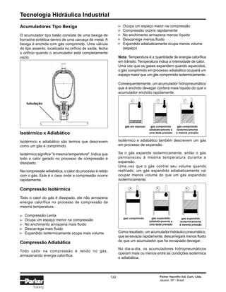 Tecnologia Hidráulica Industrial
122 Parker Hannifin Ind. Com. Ltda.
Jacareí, SP - Brasil
Training
Acumuladores Tipo Bexiga
O acumulador tipo balão consiste de uma bexiga de
borracha sintética dentro de uma carcaça de metal. A
bexiga é enchida com gás comprimido. Uma válvula
do tipo assento, localizada no orifício de saída, fecha
o orifício quando o acumulador está completamente
vazio.
∆∆∆∆∆
Isotérmico x Adiabático
Isotérmico e adiabático são termos que descrevem
como um gás é comprimido.
Isotérmico significa "à mesma temperatura". Indica que
todo o calor gerado no processo de compressão é
dissipado.
Na compressão adiabática, o calor do processo é retido
com o gás. Este é o caso onde a compressão ocorre
rapidamente.
Compressão Isotérmica
Todo o calor do gás é dissipado, ele não armazena
energia calorífica no processo de compressão da
mesma temperatura.
Compressão Lenta
Ocupa um espaço menor na compressão
No enchimento armazena mais fluido
Descarrega mais fluido
Expandido isotermicamente ocupa mais volume
Compressão Adiabática
Todo calor na compressão é retido no gás,
armazenando energia calorífica.
Ocupa um espaço maior na compressão
Compressão ocorre rapidamente
No enchimento armazena menos líquido
Descarrega menos fluido
Expandido adiabaticamente ocupa menos volume
(espaço)
Nota: Temperatura é a quantidade de energia calorífica
em trânsito. Temperatura indica a intensidade de calor.
Uma vez que os gases expandem quando aquecidos,
o gás comprimido em processo adiabático ocupará um
espaço maior que um gás comprimido isotermicamente.
Consequentemente, um acumulador hidropneumático
que é enchido devagar conterá mais líquido do que o
acumulador enchido rapidamente.
Isotérmico e adiabático também descrevem um gás
em processo de expansão.
Se o gás expande isotermicamente, então o gás
permaneceu à mesma temperatura durante a
expansão.
Uma vez que o gás contrai seu volume quando
resfriado, um gás expandido adiabaticamente vai
ocupar menos volume do que um gás expandido
isotermicamente.
Como resultado, um acumulador hidráulico pneumático,
que se esvazia rapidamente, descarregará menos fluido
do que um acumulador que foi esvaziado devagar.
No dia-a-dia, os acumuladores hidropneumáticos
operam mais ou menos entre as condições isotérmica
e adiabática.
∆∆∆∆∆
tubulação
gás em repouso gás comprimido
adiabaticamente a
uma dada pressão
gás comprimido
isotermicamente
à mesma pressão
gás comprimido gás expandido
adiabaticamente a
uma dada pressão
gás expandido
isotermicamente
à mesma pressão
 