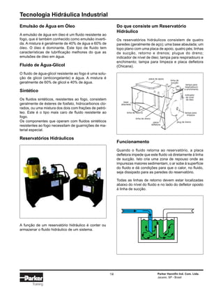 Tecnologia Hidráulica Industrial
14 Parker Hannifin Ind. Com. Ltda.
Jacareí, SP - Brasil
Training
Emulsão de Água em Óleo
A emulsão de água em óleo é um fluido resistente ao
fogo, que é também conhecido como emulsão inverti-
da. A mistura é geralmente de 40% de água e 60% de
óleo. O óleo é dominante. Este tipo de fluido tem
características de lubrificação melhores do que as
emulsões de óleo em água.
Fluido de Água-Glicol
O fluido de água-glicol resistente ao fogo é uma solu-
ção de glicol (anticongelante) e água. A mistura é
geralmente de 60% de glicol e 40% de água.
Sintético
Os fluidos sintéticos, resistentes ao fogo, consistem
geralmente de ésteres de fosfato, hidrocarbonos clo-
rados, ou uma mistura dos dois com frações de petró-
leo. Este é o tipo mais caro de fluido resistente ao
fogo.
Os componentes que operam com fluidos sintéticos
resistentes ao fogo necessitam de guarnições de ma-
terial especial.
Reservatórios Hidráulicos
Do que consiste um Reservatório
Hidráulico
Os reservatórios hidráulicos consistem de quatro
paredes (geralmente de aço); uma base abaulada; um
topo plano com uma placa de apoio, quatro pés; linhas
de sucção, retorno e drenos; plugue do dreno;
indicador de nível de óleo; tampa para respiradouro e
enchimento; tampa para limpeza e placa defletora
(Chicana).
Funcionamento
Quando o fluido retorna ao reservatório, a placa
defletora impede que este fluido vá diretamente à linha
de sucção. Isto cria uma zona de repouso onde as
impurezas maiores sedimentam, o ar sobe à superfície
do fluido e dá condições para que o calor, no fluido,
seja dissipado para as paredes do reservatório.
Todas as linhas de retorno devem estar localizadas
abaixo do nível do fluido e no lado do defletor oposto
à linha de sucção.
A função de um reservatório hidráulico é conter ou
armazenar o fluido hidráulico de um sistema.
placa de apoio
linha de
sucção
tampa para
respiradouro
e enchimento
indicador
de nível
de óleo
tampa para
limpeza
placa
defletora
linha de dreno
plug de dreno
linha de retorno
base
abaulada
 