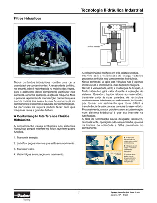 Tecnologia Hidráulica Industrial
Parker Hannifin Ind. Com. Ltda.
Jacareí, SP - Brasil
17
Training
A contaminação interfere em três destas funções.
Interfere com a transmissão de energia vedando
pequenos orifícios nos componentes hidráulicos.
Nesta condição, a ação das válvulas não é apenas
imprevisível e improdutiva, mas também insegura.
Devido à viscosidade, atrito e mudanças de direção, o
fluido hidráulico gera calor durante a operação do
sistema. Quando o líquido retorna ao reservatório,
transfere calor às suas paredes. As partículas
contaminantes interferem no esfriamento do líquido,
por formar um sedimento que torna difícil a
transferência de calor para as paredes do reservatório.
Provavelmente, o maior problema com a contaminação
num sistema hidráulico é que ela interfere na
lubrificação.
A falta de lubrificação causa desgaste excessivo,
resposta lenta, operações não-sequenciadas, queima
da bobina do solenóide e falha prematura do
componente.
Osefeitosdaspartículaspodem
iniciarumdesgasteda
superfície.
A B
C D
A. As interações
mecânicas de três
corpos podem resultar
em interferência.
B. O desgaste de dois
corpos é comum em
componentes
hidráulicos.
C. Partículas duras
podem criar um
desgaste entre três
corpos para gerar
mais partículas.
Filtros Hidráulicos
Todos os fluidos hidráulicos contêm uma certa
quantidade de contaminantes. A necessidade do filtro,
no entanto, não é reconhecida na maioria das vezes,
pois o acréscimo deste componente particular não
aumenta, de forma aparente, a ação da máquina. Mas
o pessoal experiente de manutenção concorda que a
grande maioria dos casos de mau funcionamento de
componentes e sistemas é causada por contaminação.
As partículas de sujeira podem fazer com que
máquinas caras e grandes falhem.
A Contaminação Interfere nos Fluidos
Hidráulicos
A contaminação causa problemas nos sistemas
hidráulicos porque interfere no fluido, que tem quatro
funções.
1. Transmitir energia.
2. Lubrificar peças internas que estão em movimento.
3. Transferir calor.
4. Vedar folgas entre peças em movimento.
 
