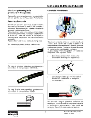 Tecnologia Hidráulica Industrial
Parker Hannifin Ind. Com. Ltda.
Jacareí, SP - Brasil
33
Training
Conexões para Mangueiras
(Terminais de Mangueiras)
Por meio de uma capa rosqueável, descascando a
extremidade da mangueira (tipo SKIVE).
Por meio de uma capa rosqueável, sem descascar a
extremidade da mangueira (tipo NO-SKIVE).
As conexões para mangueiras podem ser classificadas
em dois grandes grupos: Reusáveis e Permanentes.
Conexões Reusáveis
Classificam-se como conexões reusáveis todas
aquelas cujo sistema de fixação da conexão à
mangueira permite reutilizar a conexão, trocando-se
apenas a mangueira danificada.
Apesar de ter um custo um pouco superior em relação
às conexões permanentes, sua relação custo/benefício
é muito boa, além de agilizar a operação de
manutenção e dispensar o uso de equipamentos
especiais.
As conexões reusáveis são fixadas às mangueiras:
Por interferência entre a conexão e a mangueira.
Conexões Permanentes
Classificam-se como conexões permanentes todas
aquelas cujo sistema de fixação da conexão à
mangueira não permite reutilizar a conexão quando a
mangueira se danifica. Este tipo de conexão necessita
de equipamentos especiais para montagem.
As conexões permanentes podem ser fixadas às
mangueiras pelas seguintes formas:
Conexões prensadas que não necessitam
descascar a extremidade da mangueira
(tipo NO-SKIVE).
∆
Nas tabelas a seguir, podemos identificar as
referências cruzadas entre as mangueiras Parker e
as mangueiras concorrentes, bem como as
conexões disponíveis para essas mangueiras.
Conexões que necessitam descascar a
extremidade da mangueira (tipo SKIVE).
∆
 
