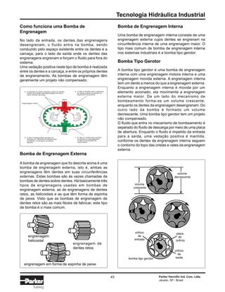 Tecnologia Hidráulica Industrial
Parker Hannifin Ind. Com. Ltda.
Jacareí, SP - Brasil
43
Training
Como funciona uma Bomba de
Engrenagem
No lado da entrada, os dentes das engrenagens
desengrenam, o fluido entra na bomba, sendo
conduzido pelo espaço existente entre os dentes e a
carcaça, para o lado da saída onde os dentes das
engrenagens engrenam e forçam o fluido para fora do
sistema.
Uma vedação positiva neste tipo de bomba é realizada
entre os dentes e a carcaça, e entre os próprios dentes
de engrenamento. As bombas de engrenagem têm
geralmente um projeto não compensado.
Bomba de Engrenagem Externa
A bomba de engrenagem que foi descrita acima é uma
bomba de engrenagem externa, isto é, ambas as
engrenagens têm dentes em suas circunferências
externas. Estas bombas são às vezes chamadas de
bombas de dentes-sobre-dentes. Há basicamente três
tipos de engrenagens usadas em bombas de
engrenagem externa; as de engrenagens de dentes
retos, as helicoidais e as que têm forma de espinha
de peixe. Visto que as bombas de engrenagem de
dentes retos são as mais fáceis de fabricar, este tipo
de bomba é o mais comum.
Bomba de Engrenagem Interna
Uma bomba de engrenagem interna consiste de uma
engrenagem externa cujos dentes se engrenam na
circunferência interna de uma engrenagem maior. O
tipo mais comum de bomba de engrenagem interna
nos sistemas industriais é a bomba tipo gerotor.
Bomba Tipo Gerotor
A bomba tipo gerotor é uma bomba de engrenagem
interna com uma engrenagem motora interna e uma
engrenagem movida externa. A engrenagem interna
tem um dente a menos do que a engrenagem externa.
Enquanto a engrenagem interna é movida por um
elemento acionado, ela movimenta a engrenagem
externa maior. De um lado do mecanismo de
bombeamento forma-se um volume crescente,
enquanto os dentes da engrenagem desengrenam. Do
outro lado da bomba é formado um volume
decrescente. Uma bomba tipo gerotor tem um projeto
não compensado.
O fluido que entra no mecanismo de bombeamento é
separado do fluido de descarga por meio de uma placa
de abertura. Enquanto o fluido é impelido da entrada
para a saída, uma vedação positiva é mantida,
conforme os dentes da engrenagem interna seguem
o contorno do topo das cristas e vales da engrenagem
externa.
4. A pressão de saída, atuando contra os dentes,
causa uma carga não-balanceada nos eixos,
como indicam as setas.
3. O óleo é forçado para a abertura
de saída quando os dentes se
engrenam novamente.
Saída
Entrada
Engrenagem motriz
1. O vácuo é criado aqui quando
os dentes se desengrenam.
O óleo é succionado do
reservatório.
2. O óleo é transportado através da
carcaça em câmaras formadas entre
os dentes, a carcaça e as placas
laterais.
engrenagem
helicoidal
engrenagem de
dentes retos
engrenagem em forma de espinha de peixe
 