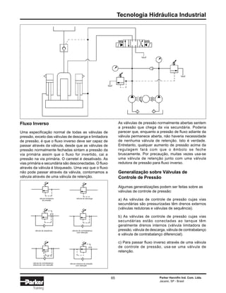 Tecnologia Hidráulica Industrial
Parker Hannifin Ind. Com. Ltda.
Jacareí, SP - Brasil
65
Training
Fluxo Inverso
Uma especificação normal de todas as válvulas de
pressão, exceto das válvulas de descarga e limitadora
de pressão, é que o fluxo inverso deve ser capaz de
passar através da válvula, desde que as válvulas de
pressão normalmente fechadas sintam a pressão da
via primária assim que o fluxo for invertido, cai a
pressão na via primária. O carretel é desativado. As
vias primária e secundária são desconectadas. O fluxo
através da válvula é bloqueado. Uma vez que o fluxo
não pode passar através da válvula, contornamos a
válvula através de uma válvula de retenção.
As válvulas de pressão normalmente abertas sentem
a pressão que chega da via secundária. Poderia
parecer que, enquanto a pressão de fluxo adiante da
válvula permanece aberta, não haveria necessidade
de nenhuma válvula de retenção. Isto é verdade.
Entretanto, qualquer aumento de pressão acima da
regulagem fará com que o êmbolo se feche
bruscamente. Por precaução, muitas vezes usa-se
uma válvula de retenção junto com uma válvula
redutora de pressão para fluxo inverso.
Generalização sobre Válvulas de
Controle de Pressão
Algumas generalizações podem ser feitas sobre as
válvulas de controle de pressão:
a) As válvulas de controle de pressão cujas vias
secundárias são pressurizadas têm drenos externos
(válvulas redutoras e válvulas de sequência).
b) As válvulas de controle de pressão cujas vias
secundárias estão conectadas ao tanque têm
geralmente drenos internos (válvula limitadora de
pressão, válvula de descarga, válvula de contrabalanço
e válvula de contrabalanço diferencial).
c) Para passar fluxo inverso através de uma válvula
de controle de pressão, usa-se uma válvula de
retenção.
válvula limitadora
de pressão
válvula de descarga
válvula de sequência válvula de contrabalanço
com retenção
válvula de contrabalanço
diferencial com retenção
válvula redutora de pressão
com retenção
 