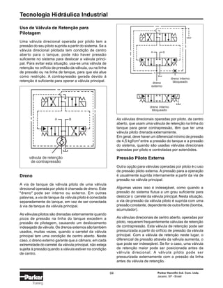 Tecnologia Hidráulica Industrial
84 Parker Hannifin Ind. Com. Ltda.
Jacareí, SP - Brasil
Training
Uso de Válvula de Retenção para
Pilotagem
Uma válvula direcional operada por piloto tem a
pressão do seu piloto suprida a partir do sistema. Se a
válvula direcional pilotada tem condição de centro
aberto para o tanque, pode não haver pressão
suficiente no sistema para deslocar a válvula princi-
pal. Para evitar esta situação, usa-se uma válvula de
retenção no orifício de pressão da válvula, ou na linha
de pressão ou na linha de tanque, para que ela atue
como restrição. A contrapressão gerada devido à
retenção é suficiente para operar a válvula principal.
Dreno
A via de tanque da válvula piloto de uma válvula
direcional operada por piloto é chamada de dreno. Este
"dreno" pode ser interno ou externo. Em outras
palavras, a via de tanque da válvula piloto é conectada
separadamente do tanque, em vez de ser conectada
à via de tanque da válvula principal.
As válvulas pilotos são drenadas externamente quando
picos de pressão na linha do tanque excedem a
pressão de pilotagem, causando um deslocamento
indesejado da válvula. Os drenos externos são também
usados, muitas vezes, quando o carretel da válvula
principal tem uma condição de centro aberto. Neste
caso, o dreno externo garante que a câmara, em cada
extremidade do carretel da válvula principal, não esteja
sujeita à pressão quando a válvula estiver na condição
de centro.
As válvulas direcionais operadas por piloto, de centro
aberto, que usam uma válvula de retenção na linha do
tanque para gerar contrapressão, têm que ter uma
válvula piloto drenada externamente.
Em geral, deve haver um diferencial mínimo de pressão
de 4,5 kgf/cm2
entre a pressão do tanque e a pressão
do sistema, quando são usadas válvulas direcionais
operadas por piloto e controladas por solenóides.
Pressão Piloto Externa
Outra opção para válvulas operadas por piloto é o uso
de pressão piloto externa. A pressão para a operação
é usualmente suprida internamente a partir da via de
pressão na válvula principal.
Algumas vezes isso é indesejável, como quando a
pressão do sistema flutua a um grau suficiente para
deslocar o carretel da válvula principal. Nesta situação,
a via de pressão da válvula piloto é suprida com uma
pressão constante, dependente de outra fonte (bomba,
acumulador).
As válvulas direcionais de centro aberto, operadas por
piloto, requerem frequentemente válvulas de retenção
de contrapressão. Esta válvula de retenção pode ser
pressurizada a partir do orifício de pressão da válvula
principal. Com a válvula de retenção neste lugar, o
diferencial de pressão através da válvula aumenta, o
que pode ser indesejável. Se for o caso, uma válvula
de retenção maior pode ser posicionada antes da
válvula direcional. A válvula piloto pode ser
pressurizada externamente com a pressão da linha
antes da válvula de retenção.
A B
válvula de retenção
de contrapressão
dreno interno
bloqueado
A B
dreno
externo
dreno interno
bloqueado
 