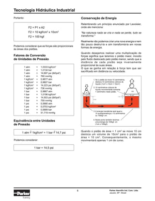 Tecnologia Hidráulica Industrial
8 Parker Hannifin Ind. Com. Ltda.
Jacareí, SP - Brasil
Training
Portanto:
Podemos considerar que as forças são proporcionais
às áreas dos pistões.
Fatores de Conversão
de Unidades de Pressão
F2 = P1 x A2
F2 = 10 kgf/cm2
x 10cm2
F2 = 100 kgf
1 atm = 1,0333 kgf/cm2
1 atm = 1,0134 bar
1 atm = 14,697 psi (lbf/pol2
)
1 atm = 760 mmHg
1 kgf/cm2
= 0,9677 atm
1 kgf/cm2
= 0,9807 bar
1 kgf/cm2
= 14,223 psi (lbf/pol2
)
1 kgf/cm2
= 736 mmHg
1 bar = 0,9867 atm
1 bar = 1,0196 kgf/cm2
1 bar = 14,503 psi (lbf/pol2
)
1 bar = 759 mmHg
1 psi = 0,0680 atm
1 psi = 0,0703 kgf/cm2
1 psi = 0,0689 bar
1 psi = 51,719 mmHg
Equivalência entre Unidades
de Pressão
1 atm = 1kgf/cm2
= 1 bar = 14,7 psi~
Podemos considerar:
1 bar = 14,5 psi
Conservação de Energia
Relembrando um princípio enunciado por Lavoisier,
onde ele menciona:
"Na natureza nada se cria e nada se perde, tudo se
transforma."
Realmente não podemos criar uma nova energia e nem
tão pouco destruí-la e sim transformá-la em novas
formas de energia.
Quando desejamos realizar uma multiplicação de
forças significa que teremos o pistão maior, movido
pelo fluido deslocado pelo pistão menor, sendo que a
distância de cada pistão seja inversamente
proporcional às suas áreas.
O que se ganha em relação à força tem que ser
sacrificado em distância ou velocidade.
Quando o pistão de área = 1 cm2
se move 10 cm
desloca um volume de 10cm3
para o pistão de
área = 10 cm2
. Consequentemente, o mesmo
movimentará apenas 1 cm de curso.
~
`
10
1 cm2
10 cm2
100
1 cm
10 cm
2. 10 centímetros cúbicos de
líquido movimentarão somente
1 centímetro neste pistão.
1. Se o pistão se move 10 centímetros,
desloca 10 centímetros cúbicos de
líquido (1cm2
x 10cm = 10cm3
).
4. Neste ponto também teremos
uma energia de 100kgf. cm
(1cm x 100kgf).
3. A energia transferida será igual a
10 quilogramaforça x 10 centímetros
ou 100kgf. cm.
 