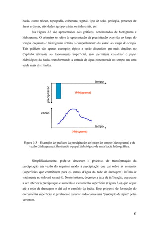 17
bacia, como relevo, topografia, cobertura vegetal, tipo de solo, geologia, presença de
áreas urbanas, atividades agropecuárias ou industriais, etc.
Na Figura 3.3 são apresentados dois gráficos, denominados de hietograma e
hidrograma. O primeiro se refere à representação da precipitação ocorrida ao longo do
tempo, enquanto o hidrograma retrata o comportamento da vazão ao longo do tempo.
Tais gráficos são apenas exemplos típicos e serão discutidos em mais detalhes no
Capítulo referente ao Escoamento Superficial, mas permitem visualizar o papel
hidrológico da bacia, transformando a entrada de água concentrada no tempo em uma
saída mais distribuída.
Figura 3.3 – Exemplo de gráficos da precipitação ao longo do tempo (hietograma) e da
vazão (hidrograma), ilustrando o papel hidrológico de uma bacia hidrográfica.
Simplificadamente, pode-se descrever o processo de transformação da
precipitação em vazão do seguinte modo: a precipitação que cai sobre as vertentes
(superfícies que contribuem para os cursos d’água da rede de drenagem) infiltra-se
totalmente no solo até saturá-lo. Nesse instante, decresce a taxa de infiltração, que passa
a ser inferior à precipitação e aumenta o escoamento superficial (Figura 3.4), que segue
até a rede de drenagem e daí até o exutório da bacia. Esse processo de formação do
escoamento superficial é geralmente caracterizado como uma “produção de água” pelas
vertentes.
tempo
precipitacao
tempo
precipitacao
tempo
vazao
tempo
vazao
(
(
(
(Hietograma
Hietograma
Hietograma
Hietograma)
)
)
)
(
(
(
(Hidrograma
Hidrograma
Hidrograma
Hidrograma)
)
)
)
 