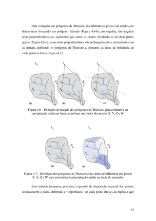 41
Para o traçado dos polígonos de Thiessen, inicialmente os postos são unidos por
linhas retas formando um polígono fechado (Figura 4.6-b); em seguida, são traçadas
retas perpendiculares aos segmentos que unem os postos, dividindo-os em duas partes
iguais (Figura 4.6-c); essas retas perpendiculares são prolongadas até o cruzamento com
as demais, definindo os polígonos de Thiessen e, portanto, as áreas de influência de
cada posto na bacia (Figura 4.7).
Figura 4.6 – Exemplo do traçado dos polígonos de Thiessen, para estimativa da
precipitação média na bacia, com base nos dados dos postos X, Y, Z e W.
Figura 4.7 – Definição dos polígonos de Thiessen e das áreas de influência dos postos
X, Y, Z e W para estimativa da precipitação média na bacia do exemplo.
Esse método incorpora, portanto, a questão da disposição espacial dos postos,
relativamente à bacia, diferindo a “importância” de cada posto através da hipótese que
(a) (b) (c)
(a) (b)
 