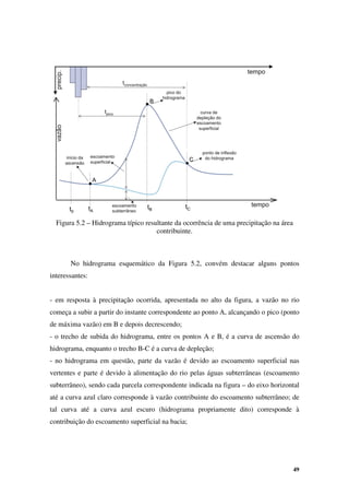 49
Figura 5.2 – Hidrograma típico resultante da ocorrência de uma precipitação na área
contribuinte.
No hidrograma esquemático da Figura 5.2, convém destacar alguns pontos
interessantes:
- em resposta à precipitação ocorrida, apresentada no alto da figura, a vazão no rio
começa a subir a partir do instante correspondente ao ponto A, alcançando o pico (ponto
de máxima vazão) em B e depois decrescendo;
- o trecho de subida do hidrograma, entre os pontos A e B, é a curva de ascensão do
hidrograma, enquanto o trecho B-C é a curva de depleção;
- no hidrograma em questão, parte da vazão é devido ao escoamento superficial nas
vertentes e parte é devido à alimentação do rio pelas águas subterrâneas (escoamento
subterrâneo), sendo cada parcela correspondente indicada na figura – do eixo horizontal
até a curva azul claro corresponde à vazão contribuinte do escoamento subterrâneo; de
tal curva até a curva azul escuro (hidrograma propriamente dito) corresponde à
contribuição do escoamento superficial na bacia;
 